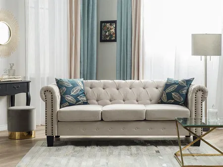 14b7d047 b5c1 4f4f ba3d 2896842e9e3f p beliani klasyczna sofa 3 osobowa tapicerowana pikowana ozdobne boki bezowa chesterfield
